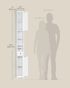 180cm Magas fürdőszobai szekrény, keskeny, állítható polcokkal, modern, felhőfehér