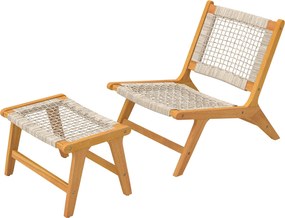 Outsunny 2 részes akácfa kültéri lounge fotel és lábtartó – FSC-tanúsított, polipropilén rattan ülés, boho stílus, bézs (160 kg) | Aosom
