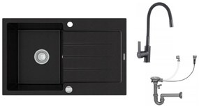 Mexen Bruno - gránit mosogató 79,5x49,5cm + Flex csaptelep, 1 kamrás, fekete, 6513791010-77-Flex