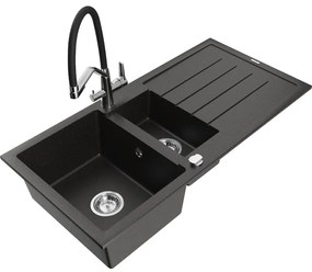 Mexen Andres gránit mosogató 1,5-medencés edényszárítóval és Duo konyhai csapteleppel, fekete/arany metál - 6515-75-671701-07
