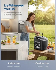 Jégkockakészítő Gép, 12 kg/24h, Öntisztító, Hordozható – Fekete