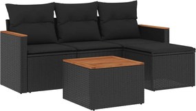 vidaXL 5 részes fekete polyrattan kerti kanapészett párnákkal