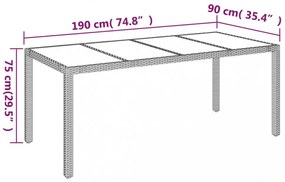 szürke polyrattan üveglapos kerti asztal 190 x 90 x 75 cm