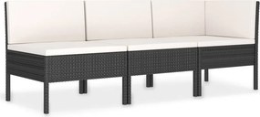 vidaXL 3 részes fekete polyrattan kerti bútorszett párnákkal