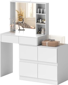 HOMCOM Sminkasztal Tükörrel, Push-to-Open Mechanizmusokkal, Sokoldalú Rögzítési Lehetőségekkel, 4 Fiókkal, 3 Nyitott Polccal és 2 Szekrénnyel, Fehér |