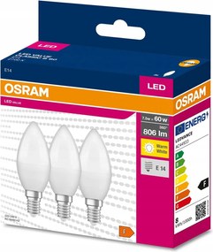 3x Led izzó E14 B39 7,5W 60W 806lm 2700K Meleg 220° Osram Value