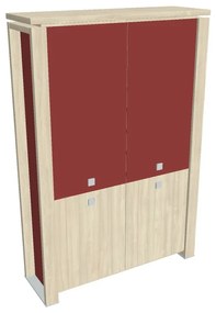 Verno+ S magas szekrény 140 x 46 x 210 cm, kombinált ajtó, akác / piros