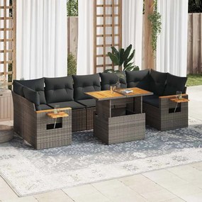 8 részes szürke polyrattan akácfa kerti ülőgarnitúra párnákkal