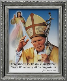 Vászonkép 31x26 Szent II. János Pál Pápa Jézus Bízom Benned Ezüst Keret