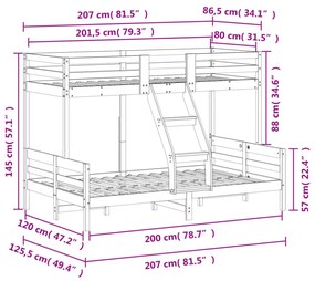 viaszbarna tömör fenyőfa emeletes ágy 80 x 200/120 x 200 cm