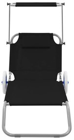 Fekete acél összecsukható napozóágy napellenzővel és kerékkel