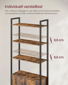 Könyvespolc, 6 szintes, állópolc ajtókkal, 24 × 60 × 159,5 cm, vintage barna–tintafekete