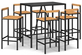 7 részes fekete polyrattan és tömör akácfa kerti bárszett