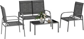 Outsunny 4 részes Kertibútor Szett 2 fős Kültéri Loveseat-el, Állítható Támlával, 2 Székkel és Üvegasztallal, Acél és Textilén Vízálló Bútor Szett, Fe