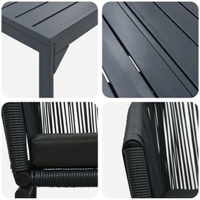 10 darabos kerti étkező szett párnákkal Fekete poli rattan, Hosszabbítható kerti asztal antracit (140-210)x90x73 cm acél