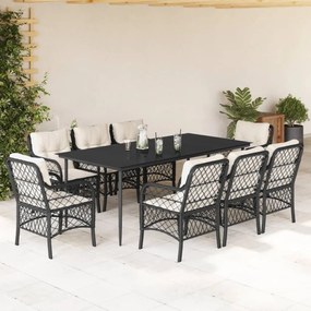 9 részes fekete polyrattan kerti étkezőgarnitúra párnákkal