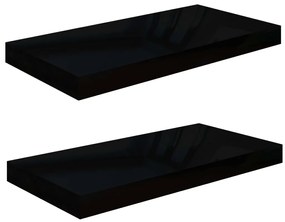 2 db magasfényű fekete MDF lebegő fali polc 50 x 23 x 3,8 cm