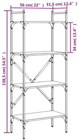 4 szintes füstös tölgy színű fa könyvespolc 56x31,5x138,5 cm
