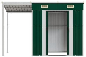 zöld kerti fészer meghosszabbított tetővel 277 x 110,5 x 181 cm