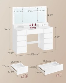 VASAGLE nagy LED-es sminkasztal beépített elosztóval, 9 fiókkal, fehér