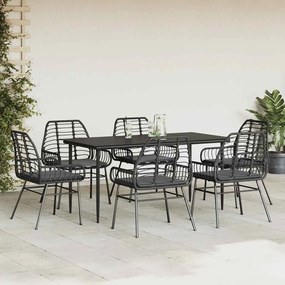 7 részes fekete polyrattan üveg kerti étkezőgarnitúra párnákkal