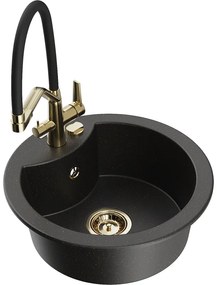 Mexen Diego egymedencés gránit mosogató Duo konyhai csapteleppel, fekete/arany metál - 6512-75-671701-57-G
