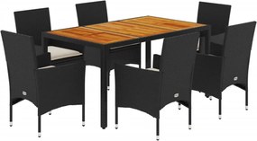 vidaXL 7részes fekete polyrattan/akácfa kerti étkezőgarnitúra párnákkal