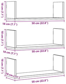 3 db fekete szerelt fa fali polc 58 x 18 x 18 cm