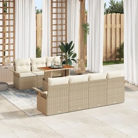 8 Részes Kerti Sofa Szett Párnákkal Bézs Poli Rattan Akáciából