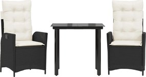 vidaXL 3 részes fekete polyrattan kerti étkezőgarnitúra párnákkal