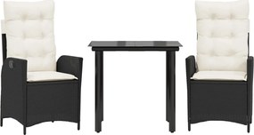 vidaXL 3 részes fekete polyrattan kerti étkezőgarnitúra párnákkal