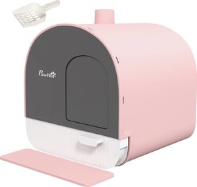 PawHut Macska WC Fedéllel, Macska WC Kiegészítő Kanalával és Macska Alom Matracával, Kihúzható Tálca, Nagy Macskák Számára, Rózsaszín, 43 x 44 x 47 cm