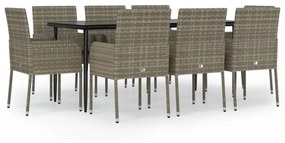 vidaXL 9 részes fekete és szürke polyrattan kerti étkezőszett párnával