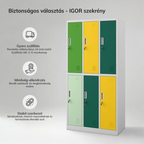 IGOR 6 ajtós, szürke-zöld-sárga BHP öltözőszekrény, 900 x 1850 x 450 mm