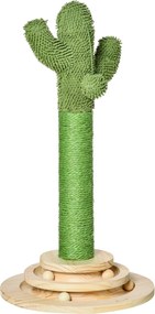 PawHut Cica Kaparófa Kaktusz Cica Fa Fenyő Fa Zsinóros Kaparóoszlop Fával Lógó Cica Játékkal 60 cm Magas Zöld+Természetes | Aosom
