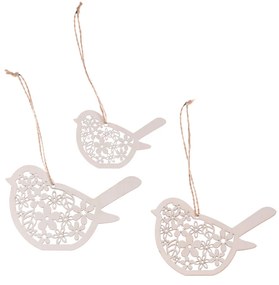 Függeszthető Kismadarak, Fából Készült Tavaszi Dekoráció Virág Mintával, Fehér Színben. 3 db-os Csomagban.