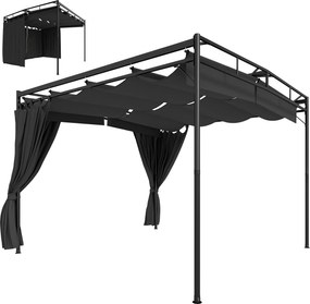 Outsunny pergola 3×3 m — vízlepergető, behúzható napellenző és függönyök, szabadon álló kerti pavilon, stabil teraszfedés, sötétszürke | Aosom