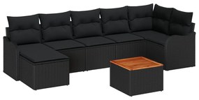8 Részes Kerti Kanapé Szett párnákkal Fekete Poli Rattan Akác, 2-Fős Kerti Kanapé párnákkal Fekete Poli Rattan