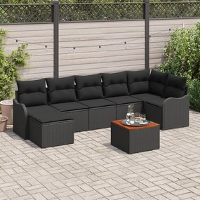 8 Részes Kerti Kanapé Szett párnákkal Fekete Poli Rattan Akác, 2-Fős Kerti Kanapé párnákkal Fekete Poli Rattan