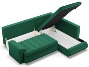 Tokio sarokkanapé, L alakú háttámlával, 2 ágyneműtartóval, bársony, jobboldali, zöld