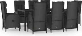 vidaXL 9 részes fekete és szürke polyrattan kerti étkezőszett párnával