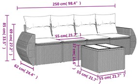 5 részes fekete polyrattan kerti kanapészett párnákkal