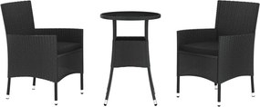 vidaXL 3 részes fekete polyrattan kerti bisztrógarnitúra párnákkal