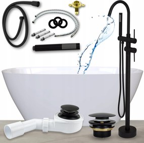 Kád 165 Szabadonálló Kád Csaptelep Szifon Klikk Klakk Fekete 10in1 Szett