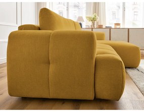 Mustársárga kinyitható-tárolóhelyes sarokkanapé (jobb oldali-heverő résszel) Fuji – Bobochic Paris