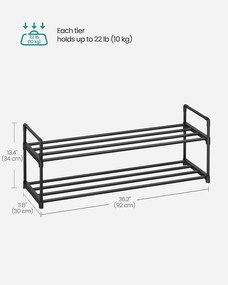 2 szintes cipőtartó állvány, fém tárolópolc, 8–10 pár cipőhöz, 30 x 92 x 34 cm, fekete