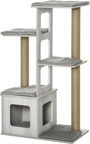 PawHut Többszintű Karcolófás Cat Tree Házikóval és Juta Kötéllel, 67x38.5x114 cm, Szürke | Aosom