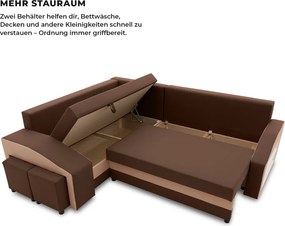 Grande sarokkanapé polcokkal és puffokkal , polc a jobb karfaban puffok a bal karfaban, baloldali, szövet anyag, hab töltet, barna