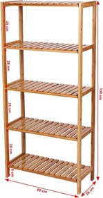 Bambusz polc fürdőszobai, konyhai tároló 5 szintes, natúr 130x26x60cm