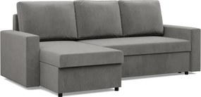 Zeus sarokkanapé, 2 ágyneműtartóval, egyenes kartámasz, bársony, univerzális oldal, hab töltet, világosszürke